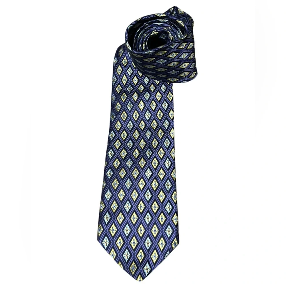 Ike Behar blue and yellow diamond print 100% silk hand tailored in USA tie